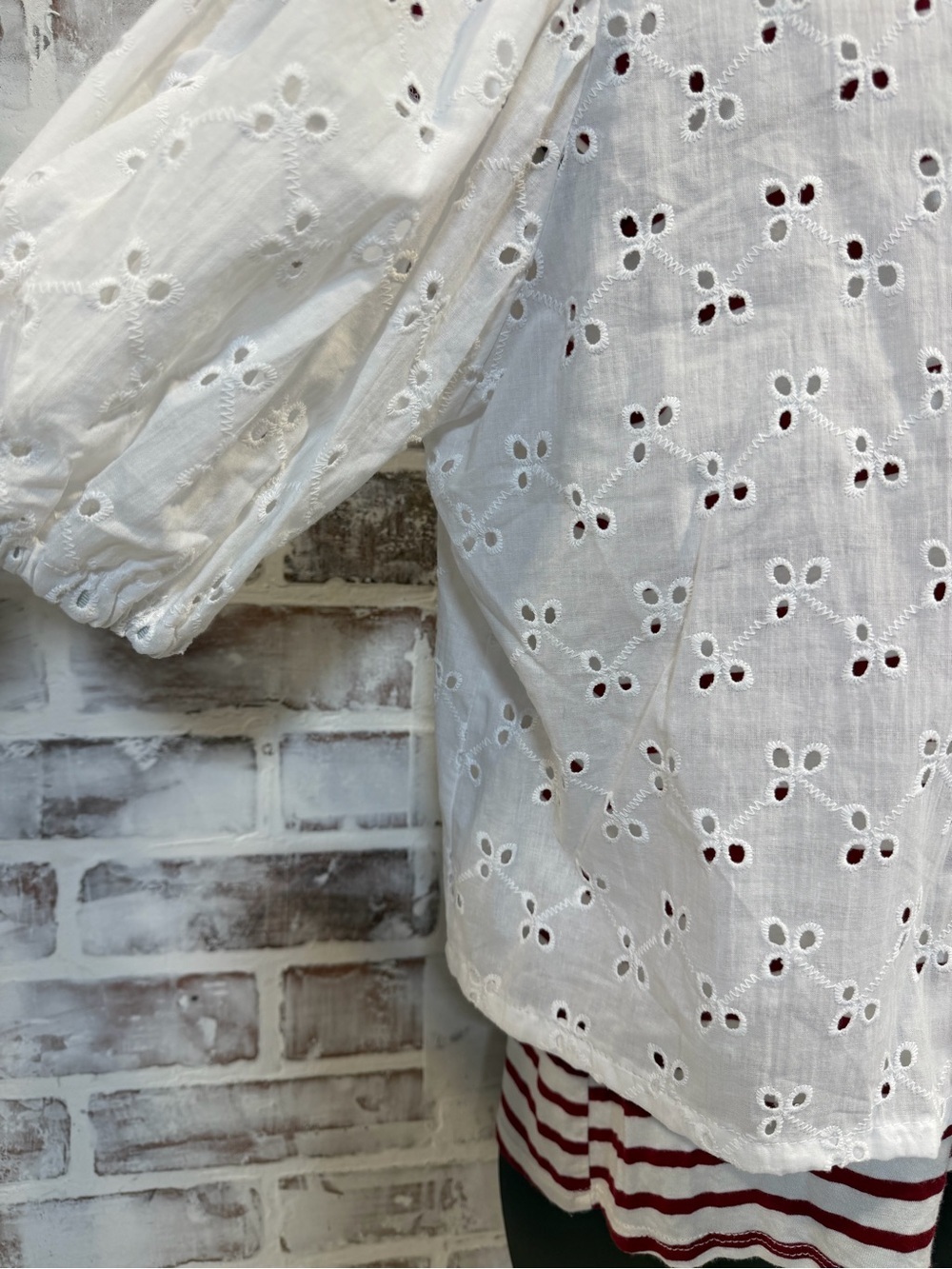 White Eyelet Tie-Front Blouse with Short Sleeves - Picture 4 of 5